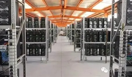Modern Bitcoin mining farm with rows of efficient mining rigs