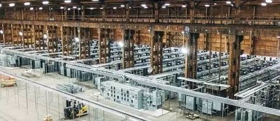 Expansive cryptocurrency mining farm housing rows of ASIC miners